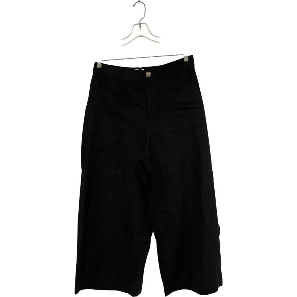 Zara Women Cropped Trouser Pants Large Black Wide Leg Viscose Linen 2845/722 NWT - Picture 2 of 14